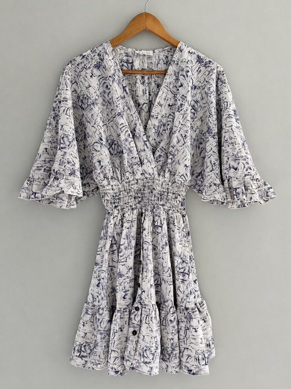Bucket List Blue White Abstract Print Smocked Waist Ruffle Mini Dress Small